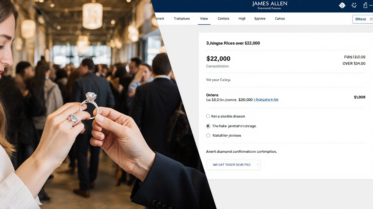 A couple holding a diamond ring with contrasting backgrounds of luxury store and online purchase.