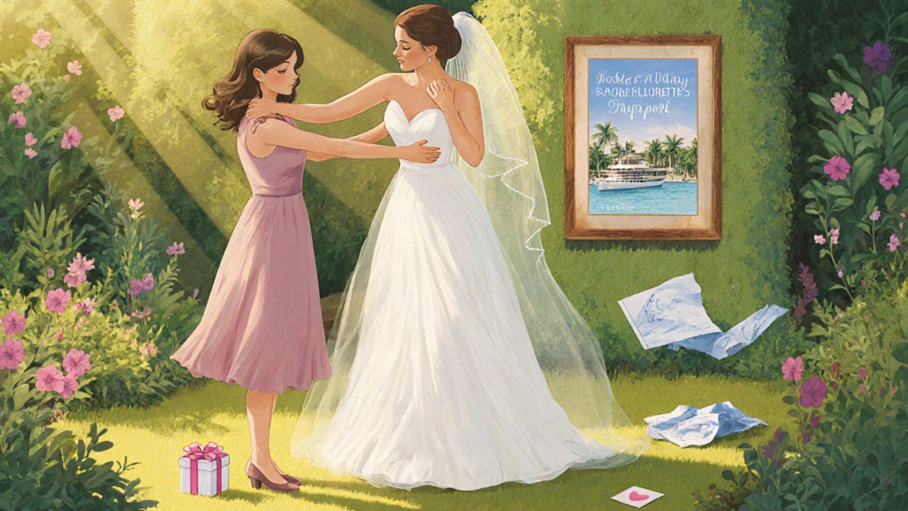 A maid of honor and bride hugging in a garden, symbolizing emotional support over expensive gifts.