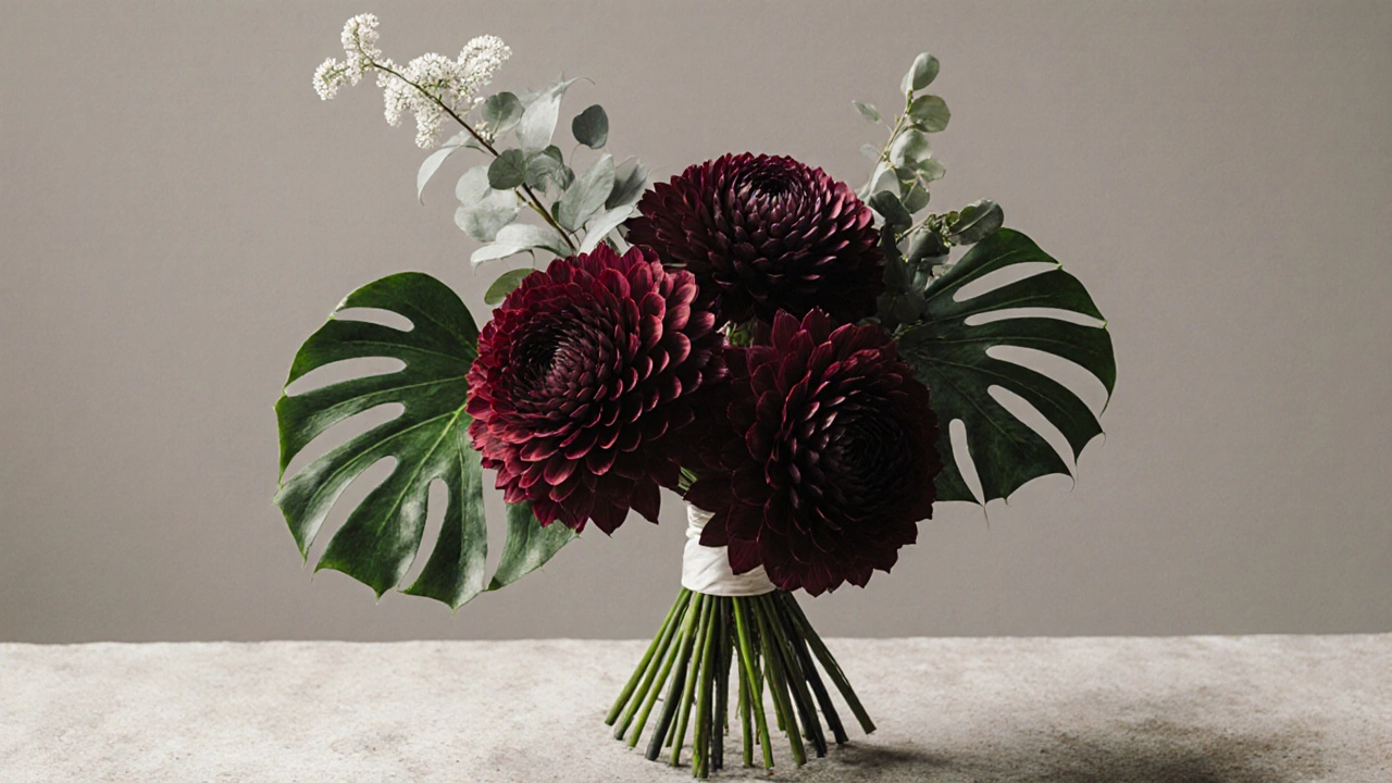 A modern bouquet of deep burgundy dahlias with monstera leaves and eucalyptus, arranged minimally.