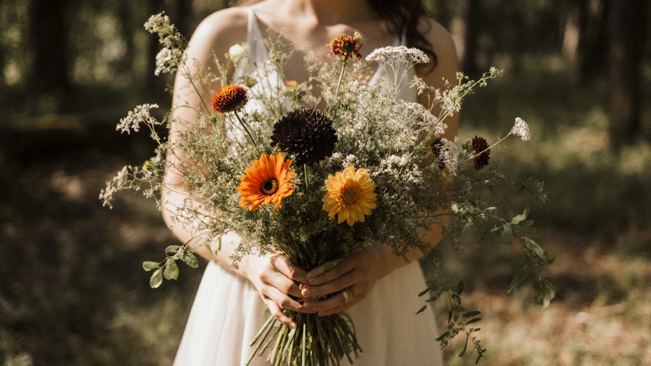 A rustic wildflower bouquet with cosmos, yarrow, and a dark dahlia, held in hands amidst natural light.