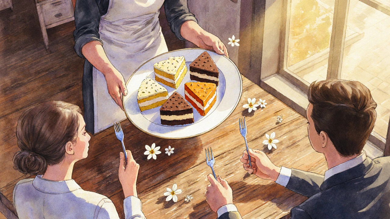 Baker presents four mini cake samples during a tasting session with the couple and friends.