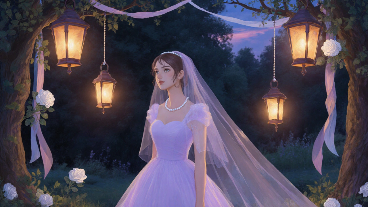Bride in lavender dress at a twilight garden wedding with lantern lighting.