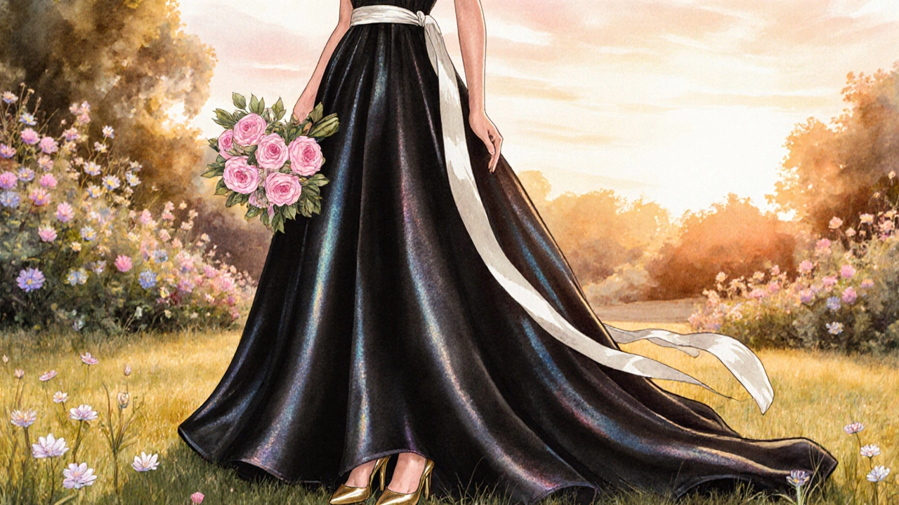 Bride outdoors in a black dress with gold shoes and pastel bouquet at sunset.