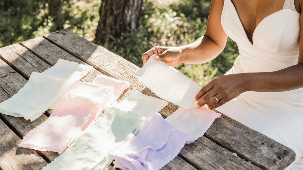 Bride testing pastel fabric swatches on a wooden table in natural daylight.
