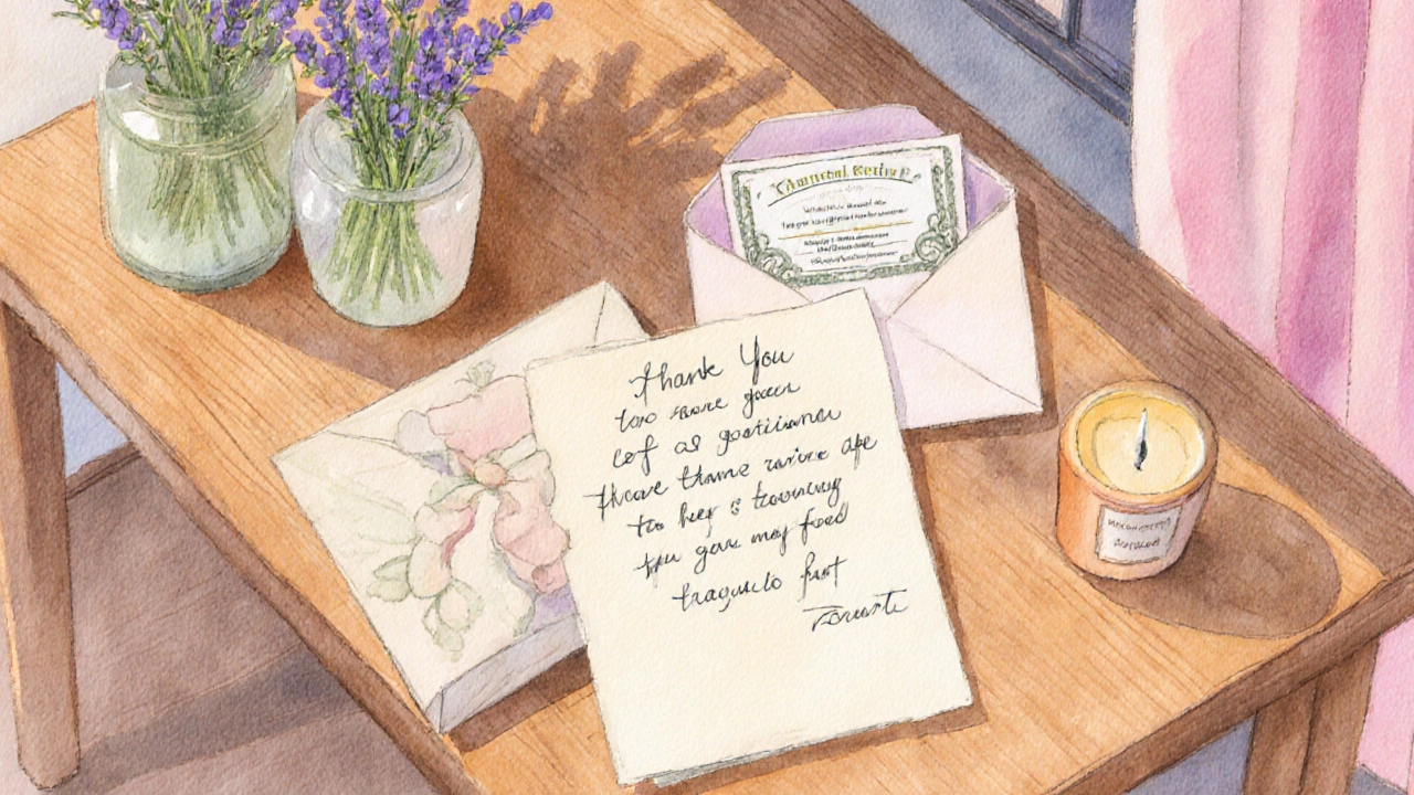 Close‑up of thank‑you note, small gift, and donation receipt on a table.