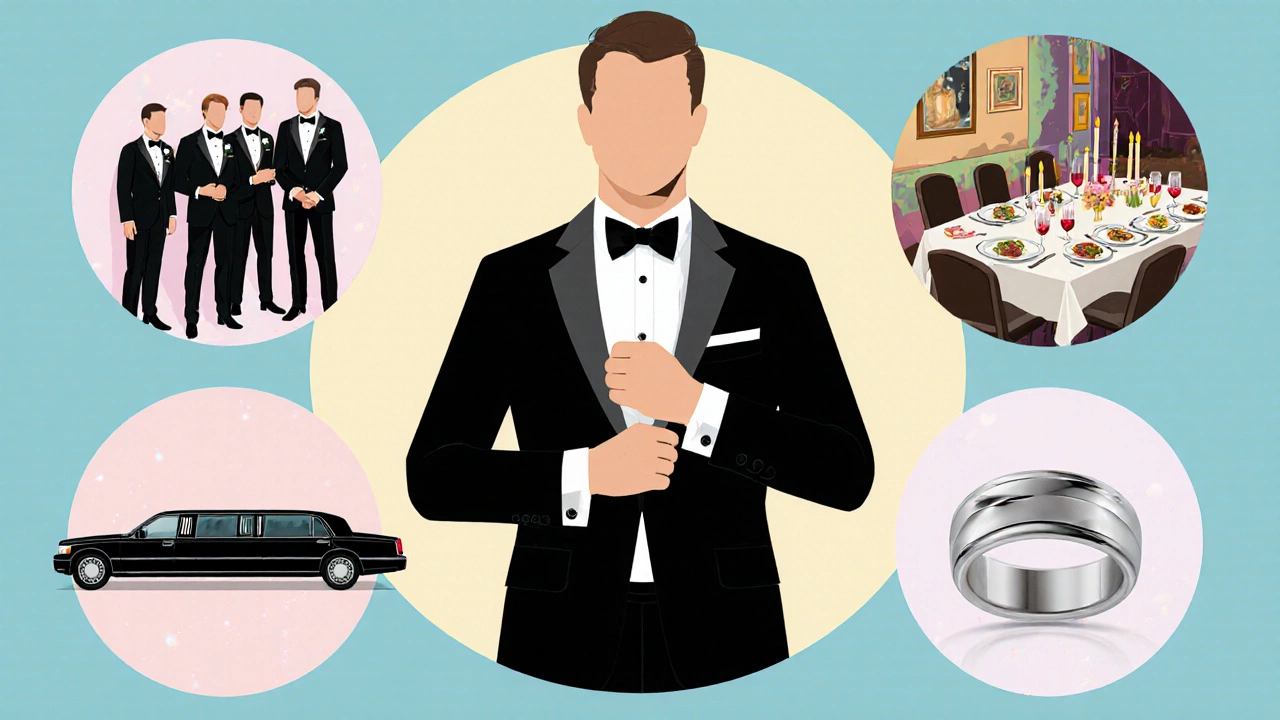 Collage of groom in tuxedo, groomsmen, rehearsal dinner, limousine, and wedding band.