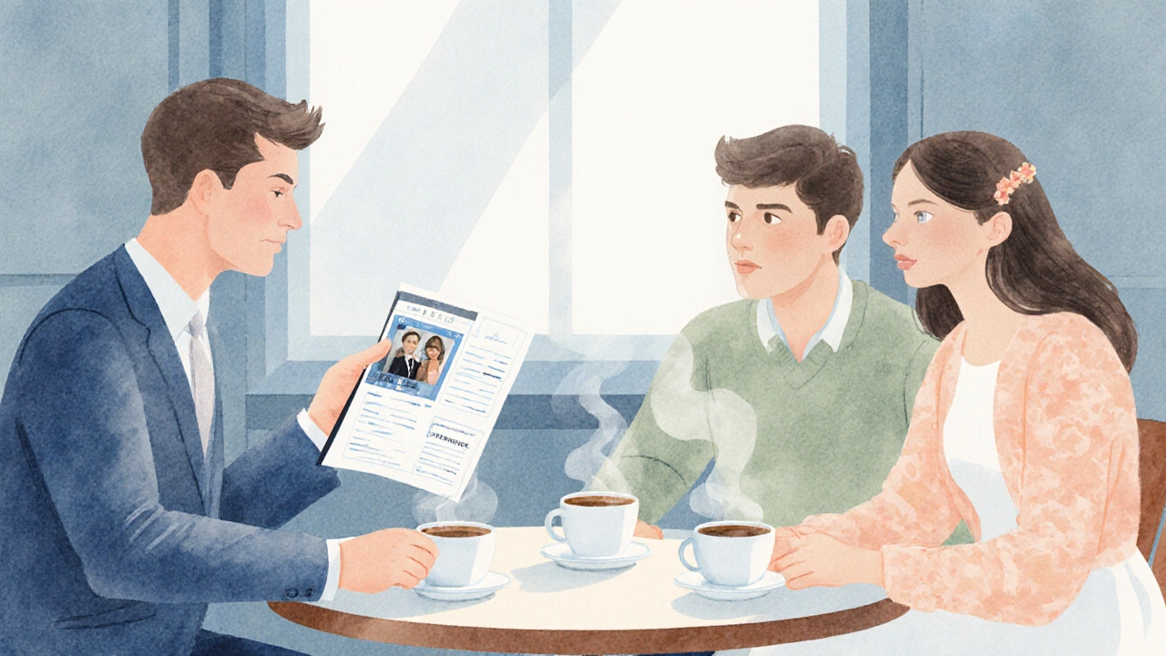 Couple and photographer discussing pricing over coffee at a café table.