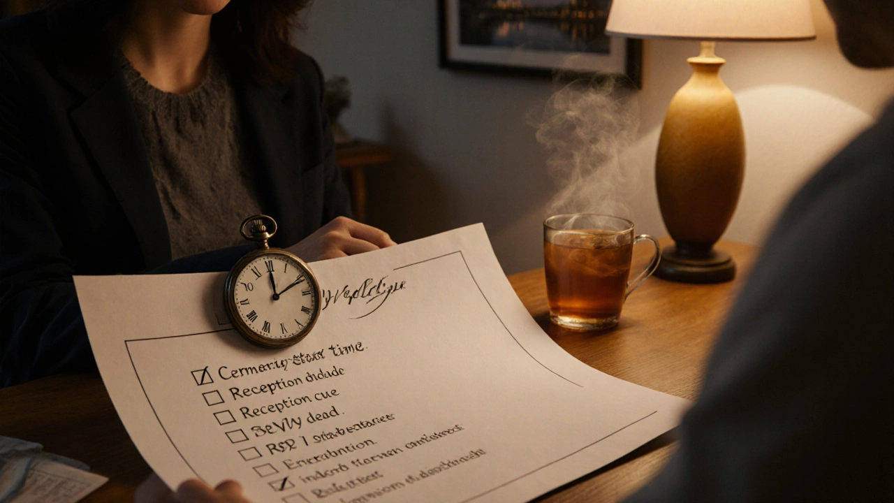 Couple checking a printed wedding invitation checklist by lamp light.