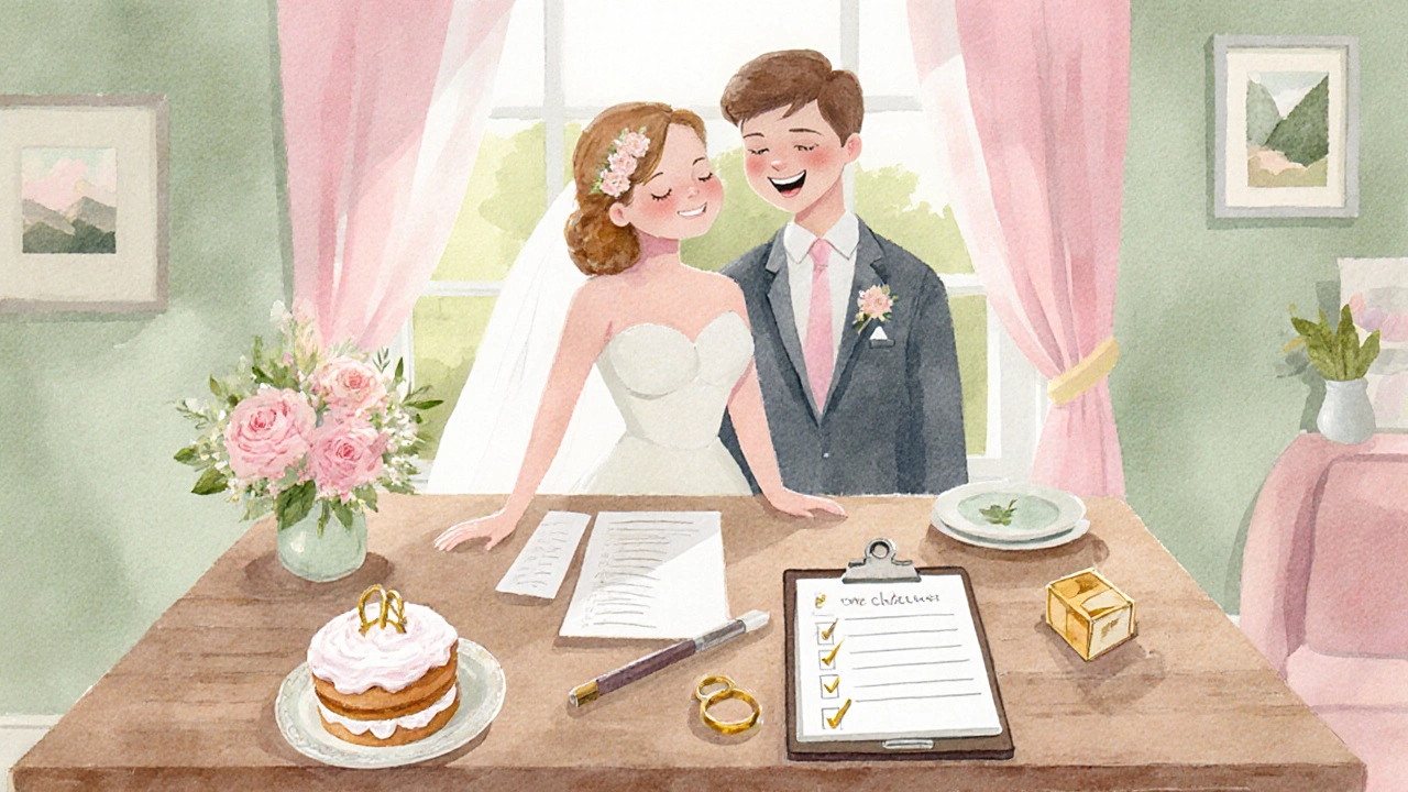 Couple reviewing wedding checklist at home surrounded by rings, flowers, and cake.