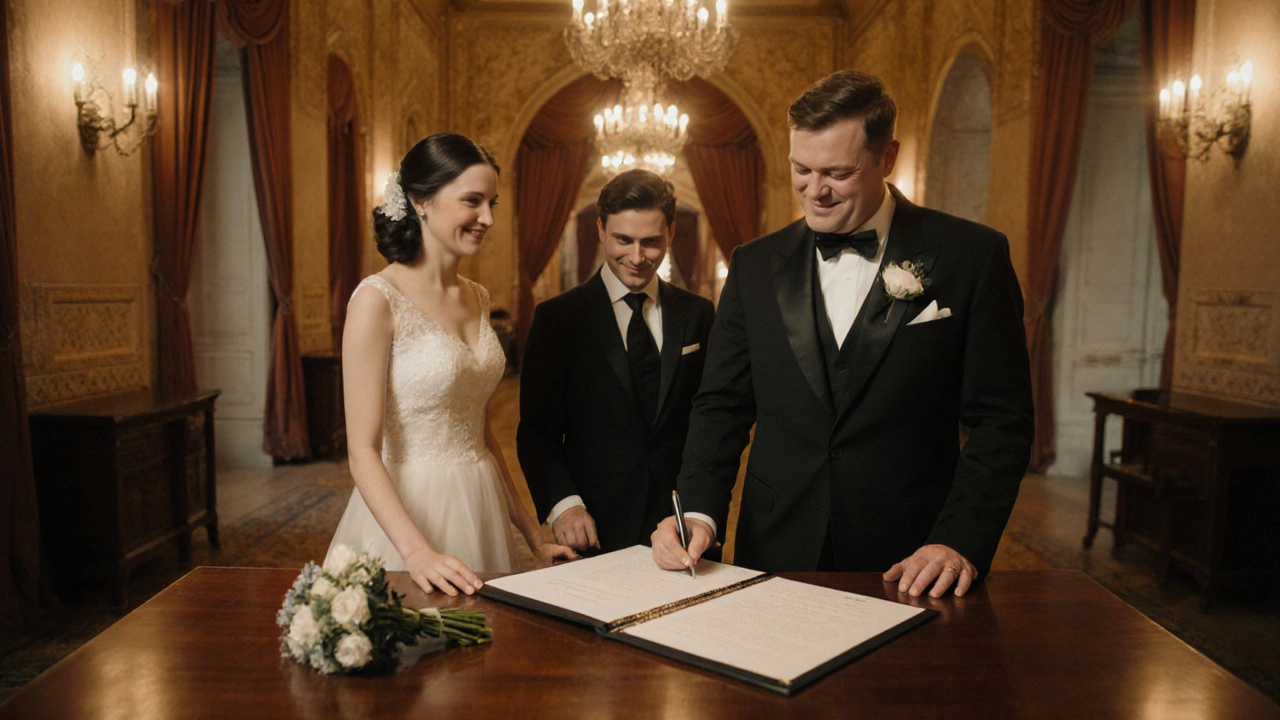 Couple signing a photography contract with wedding venue background.