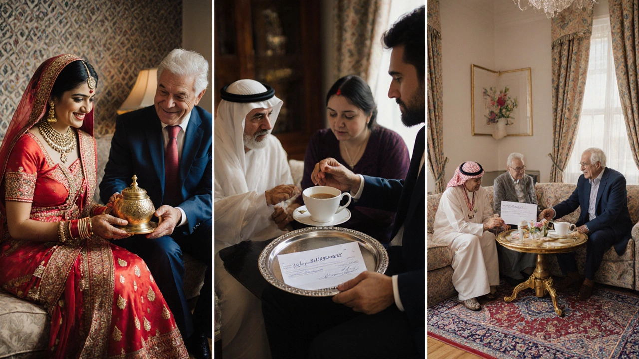 Cultural vignette collage showing Indian, British, and Middle Eastern families contributing to a honeymoon.
