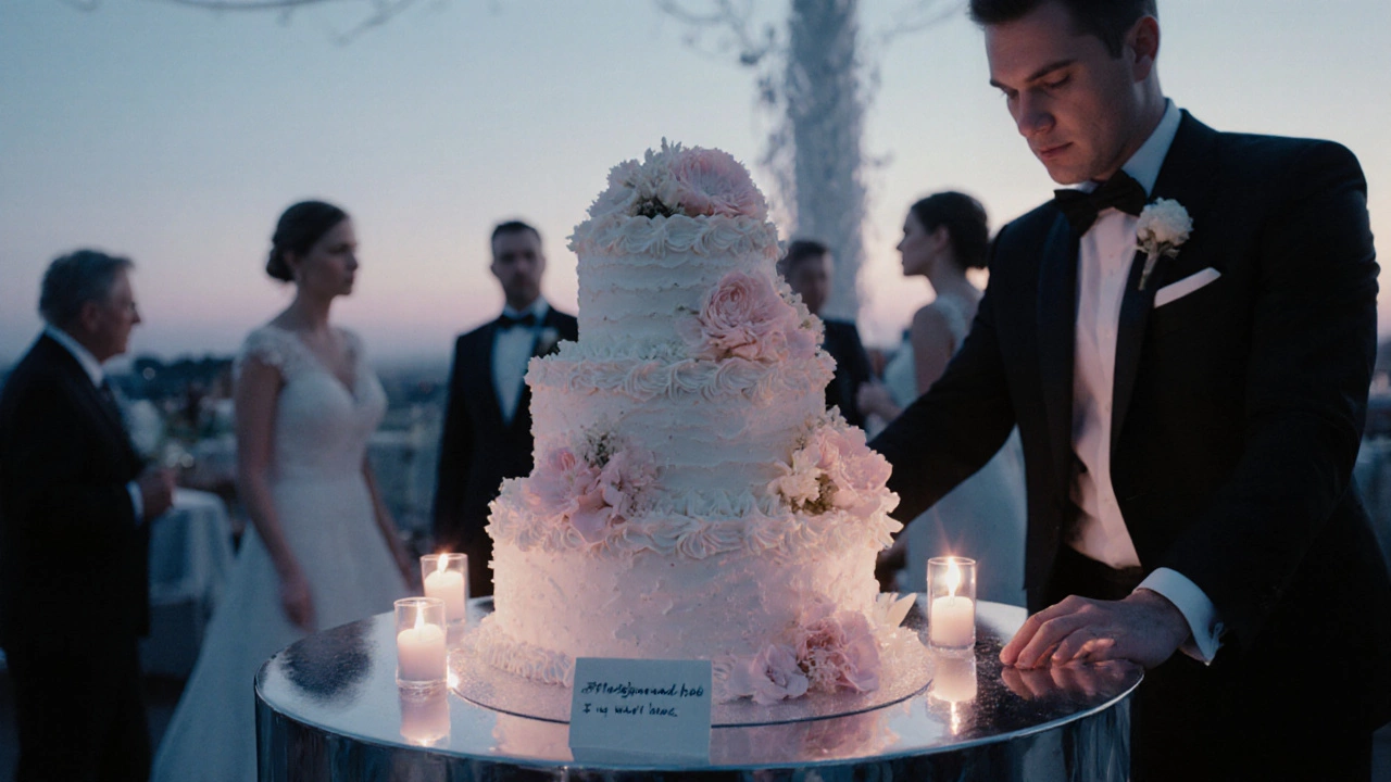 Elegant three‑tier wedding cake with sugar flowers and LED candles being set up at the venue.