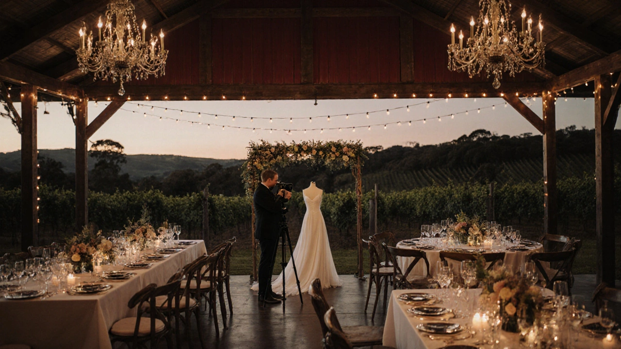 Elegant wedding reception scene highlighting venue, catering, photographer, and bridal gown.