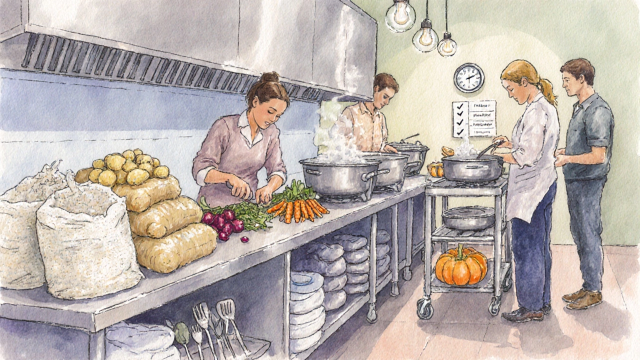 Friends preparing bulk wedding meals in a kitchen with vegetables and equipment.