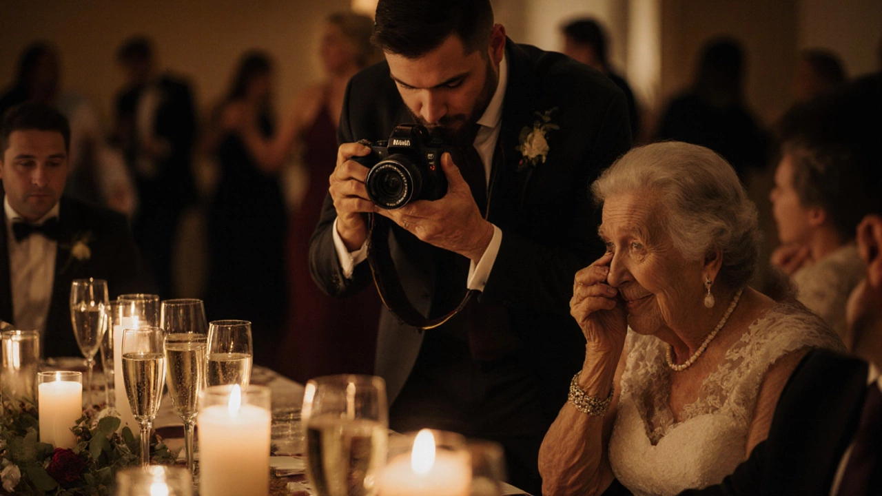 Grandmother crying during a wedding toast, candlelight glowing on faces around a table.