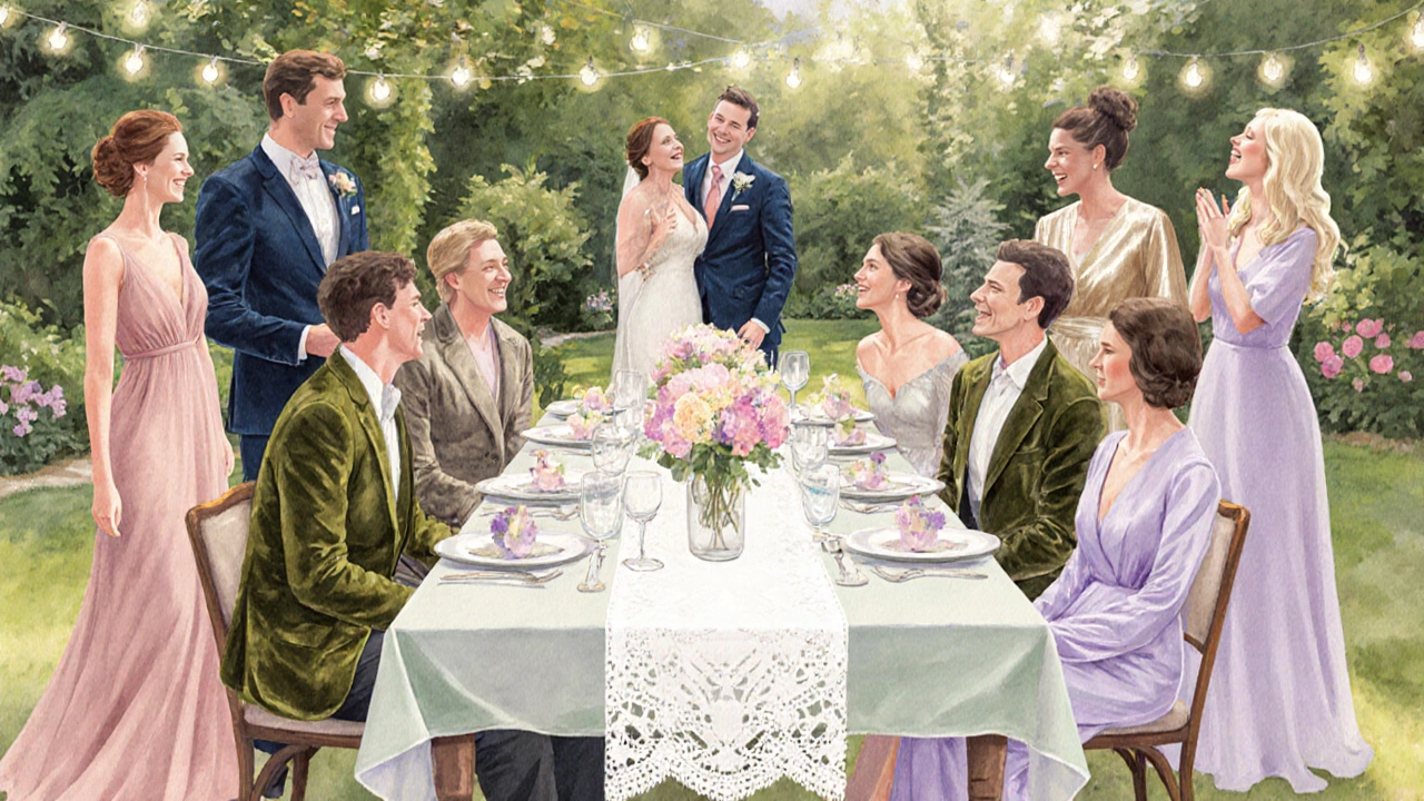 Guests wearing dusty rose, navy, olive, champagne, and lavender outfits blend harmoniously at a garden wedding.
