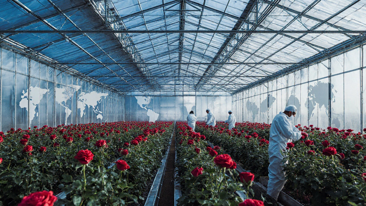 High‑tech greenhouse with rows of rose plants under bright LED lights.