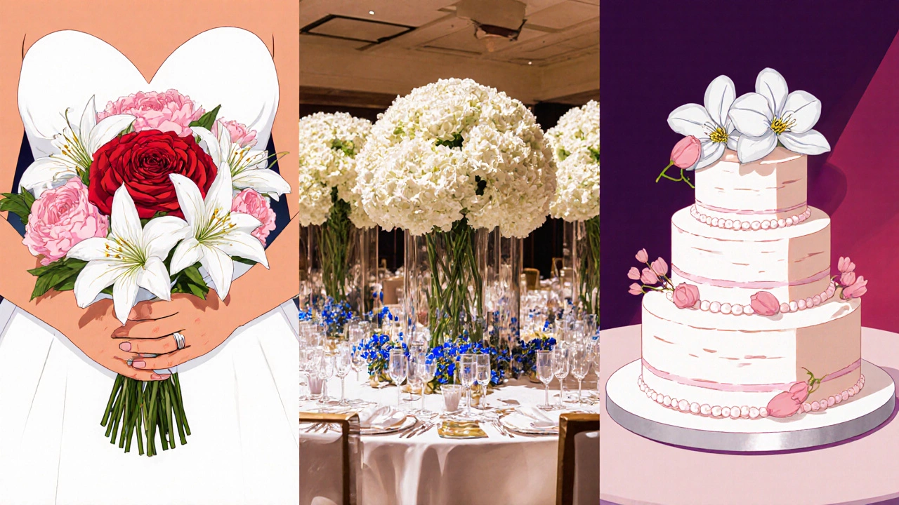 Illustrated collage of bouquet, reception table centrepieces, and cake topper featuring symbolic wedding flowers.