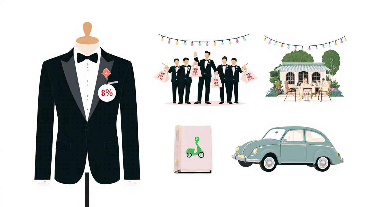Illustration of cost‑saving ideas: rented tuxedo, bulk discounts, garden dinner, vintage car, DIY photo book.