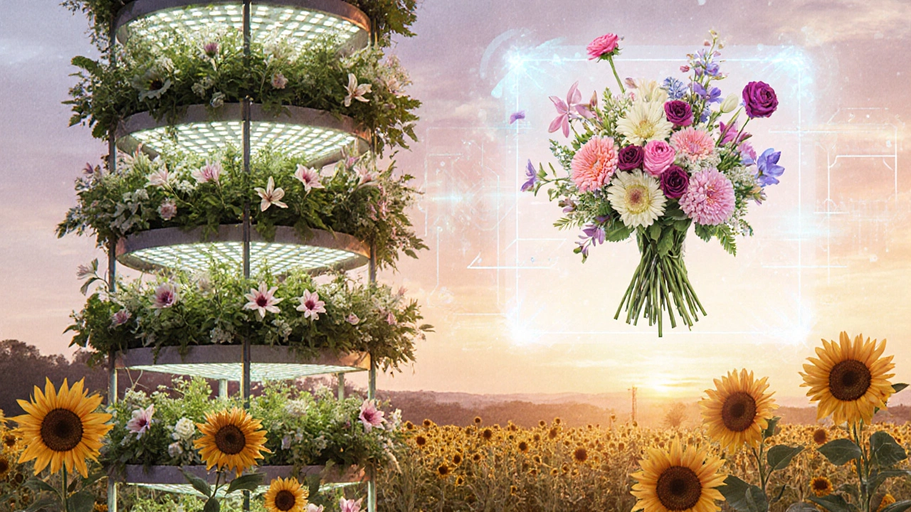 Illustration of vertical farm, sunflowers, and AI‑designed flower bouquet.