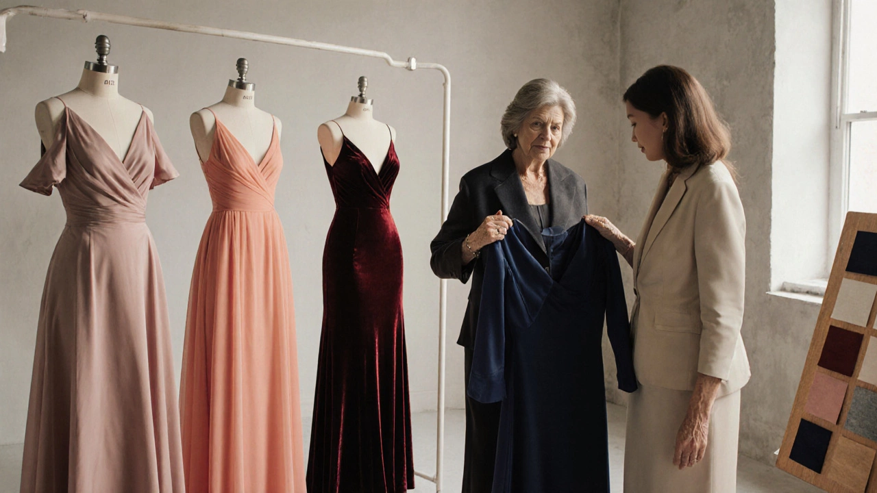 Mother of groom examining navy dress among seasonal gowns in a boutique.