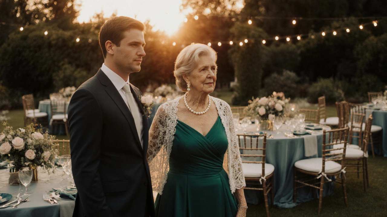 Mother of groom in emerald dress standing with son at garden wedding.