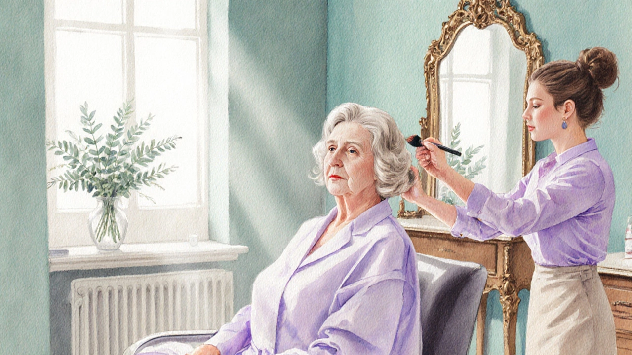 Mother of the groom receiving hair and makeup trial in a pastel-toned salon.