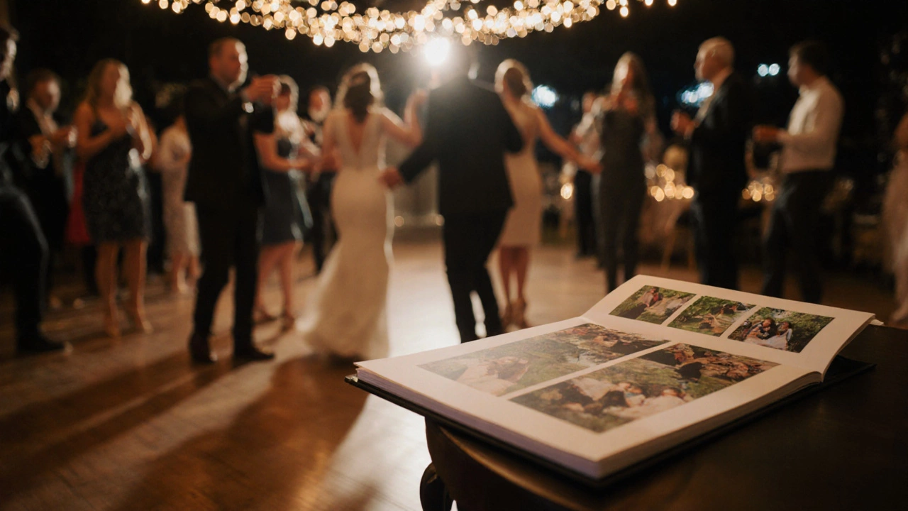 Night wedding scene with illuminated dance floor, fairy lights, and a layout sheet on a table.