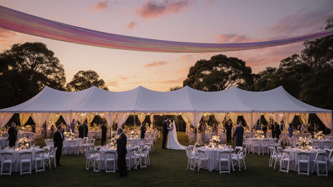 Outdoor garden wedding at sunset with elegant decorations.