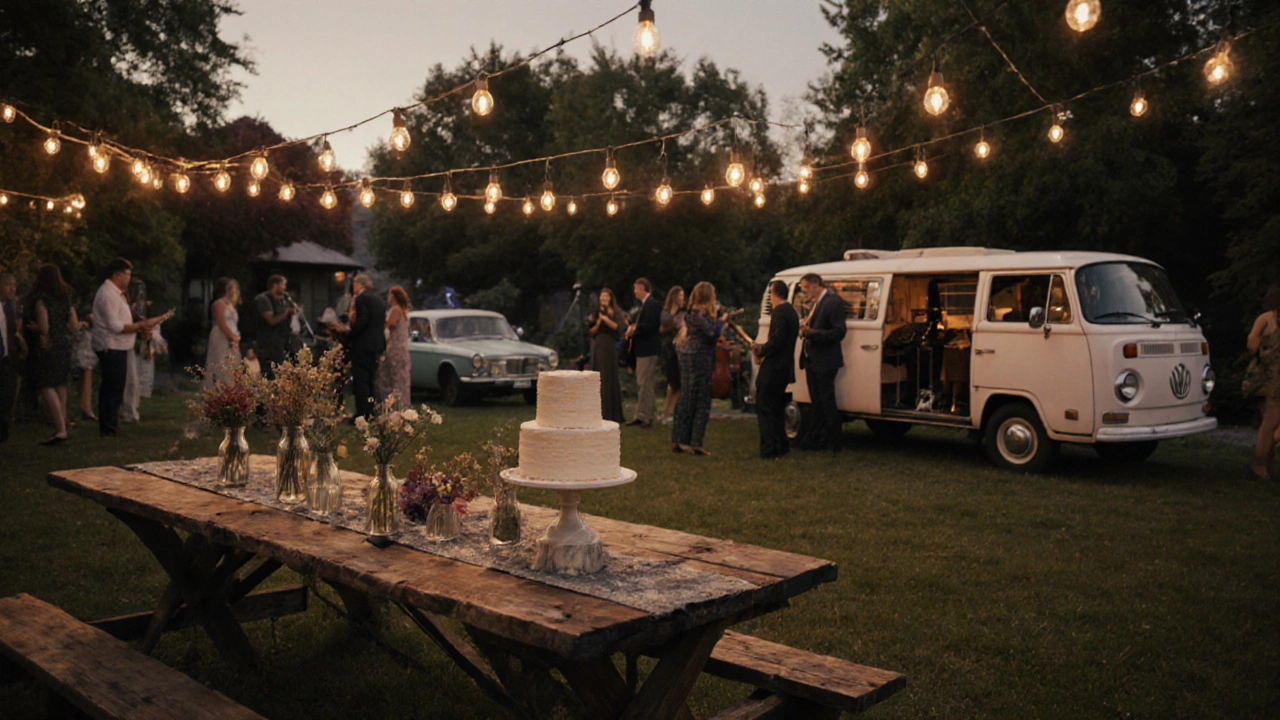 Outdoor garden wedding at twilight with DIY décor and modest food.