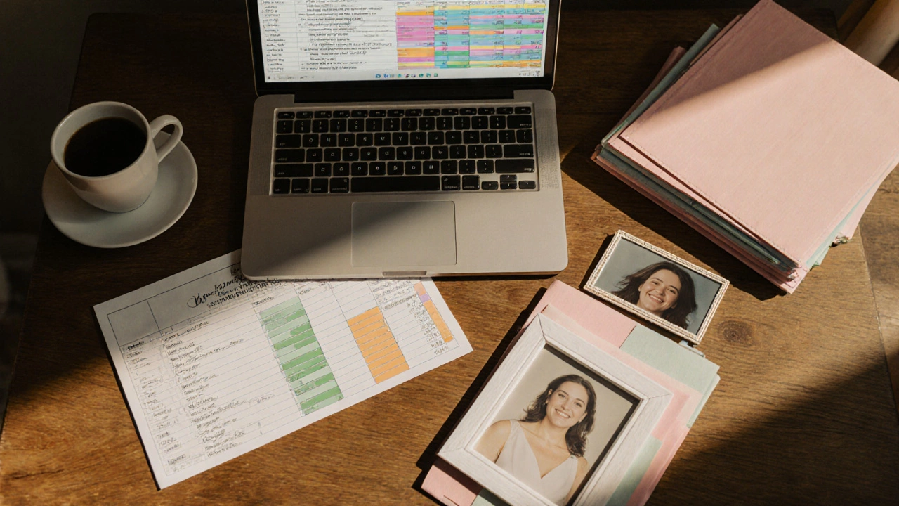 Overhead view of wedding budgeting tools and a laptop spreadsheet on a wooden desk.