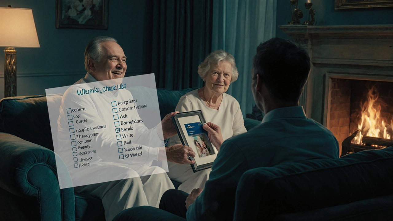 Parents give a gift card and photo to newlyweds with a floating checklist.