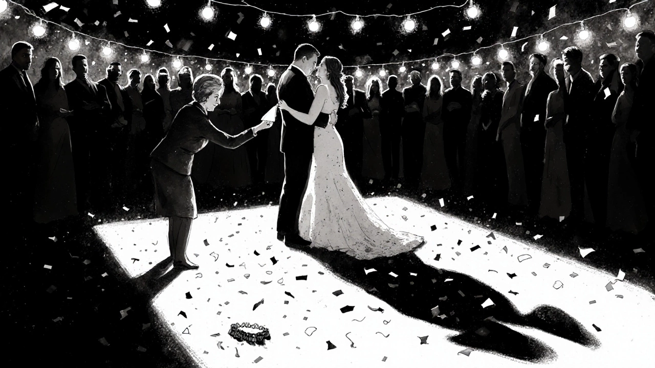 Photographer handing tissue to crying mother while couple dances under fairy lights.