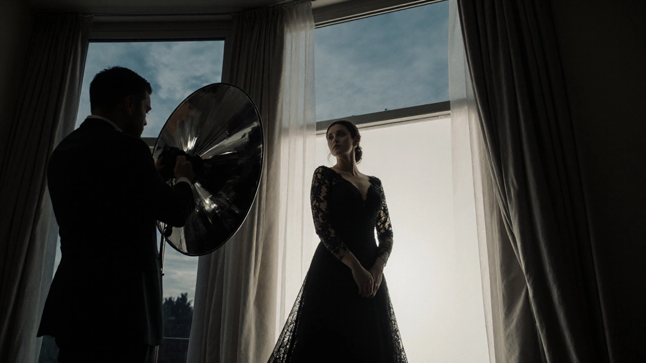 Photographer uses reflectors and flash to light a bride in a black lace gown.