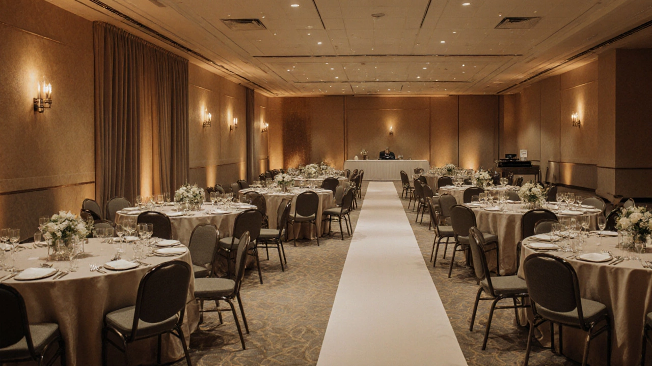 Reception interior with round tables, wheelchair‑accessible seating, and visible DJ console.