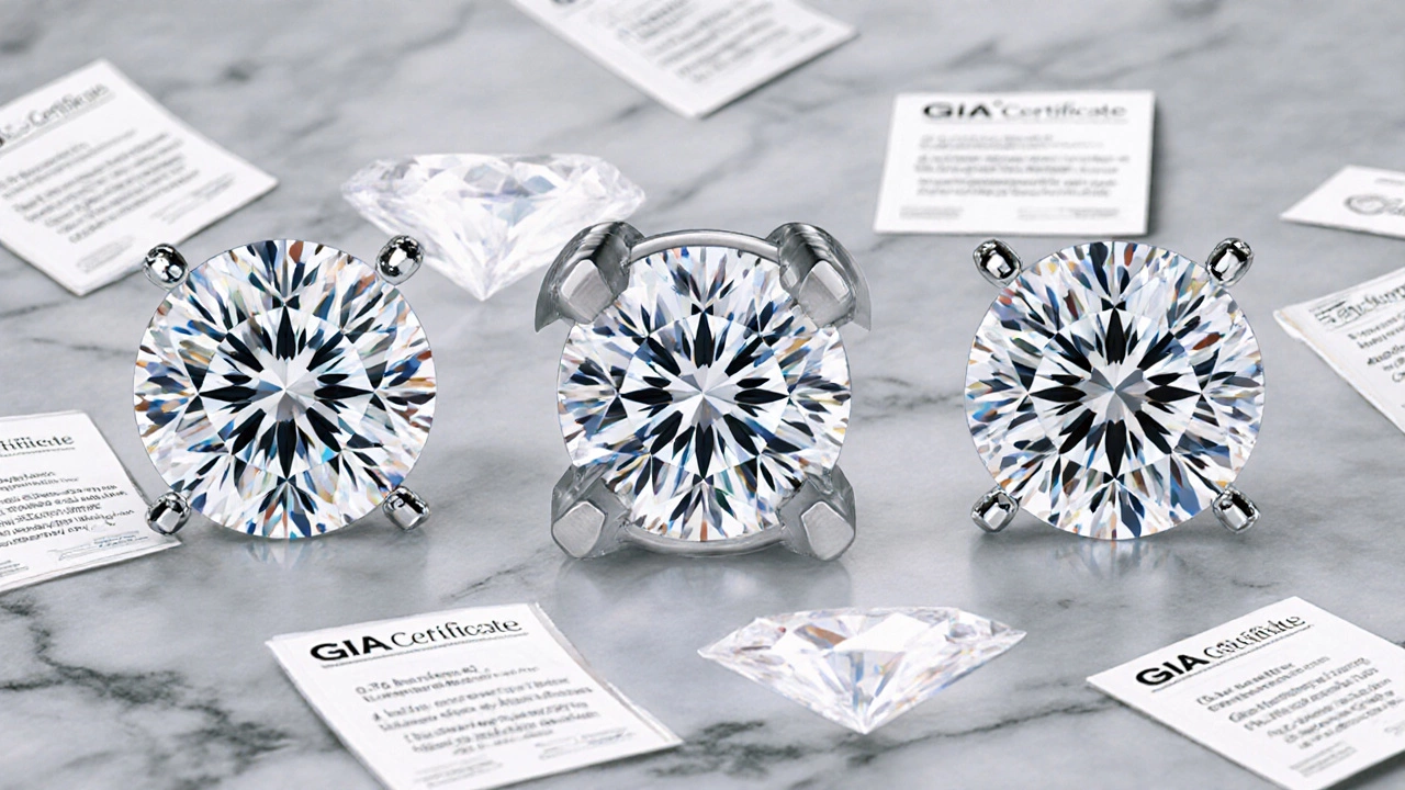 Three 3-carat diamonds compared by quality, showing differences in brilliance and clarity.