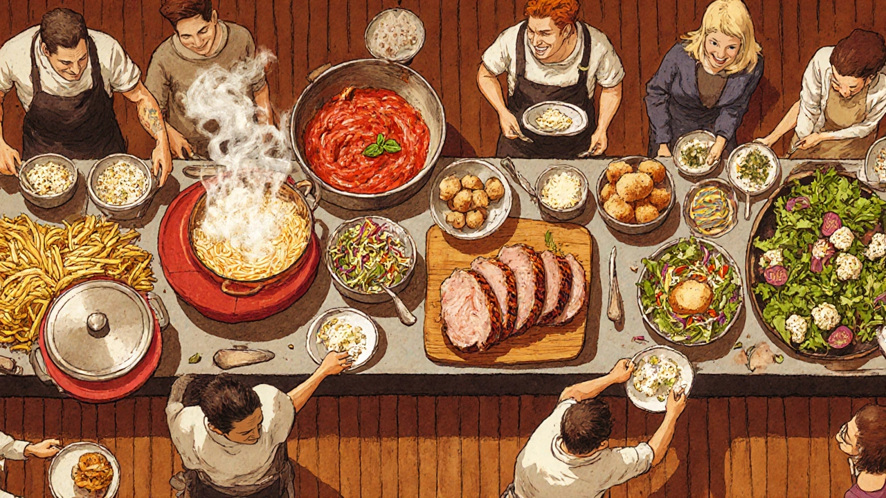 Three lively food stations—pasta, protein, and salad—serving a crowd at a DIY buffet.
