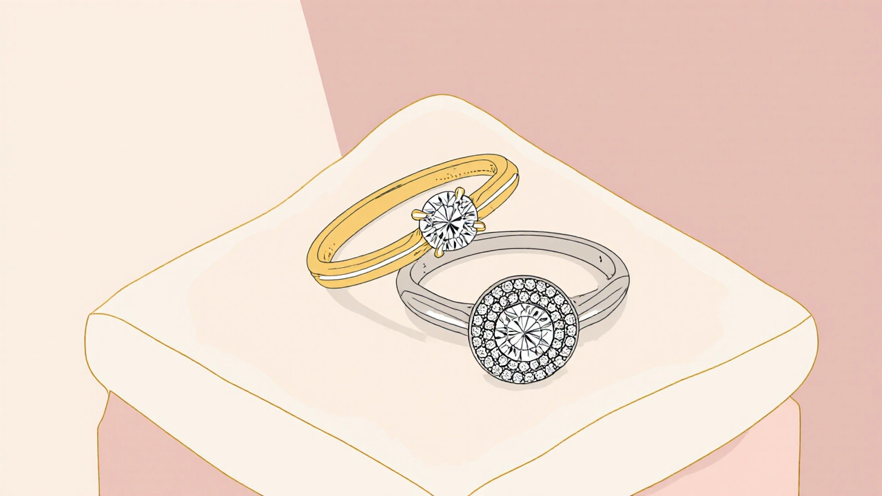 Three minimalist rings: solitaire, lab‑grown, and halo setting on a pastel cushion.