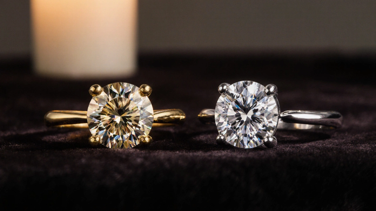 Two engagement rings on velvet: natural diamond in yellow gold and lab‑grown diamond in white gold.