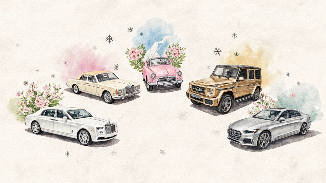 Watercolor collage of five wedding cars in classic colors with seasonal hints.