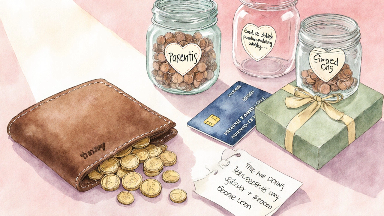 Watercolor scene of objects symbolizing wedding funding sources.