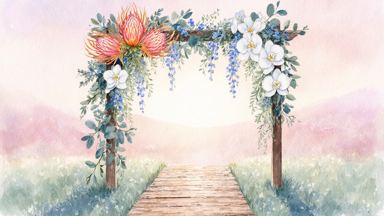 Watercolor wedding arch draped with orange‑pink protea, white orchids, and blue forget‑me‑not under sunrise light.