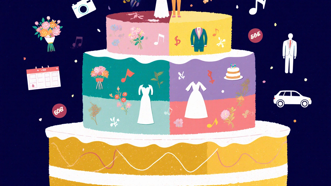 Wedding cake illustrated with sections for each expense category.