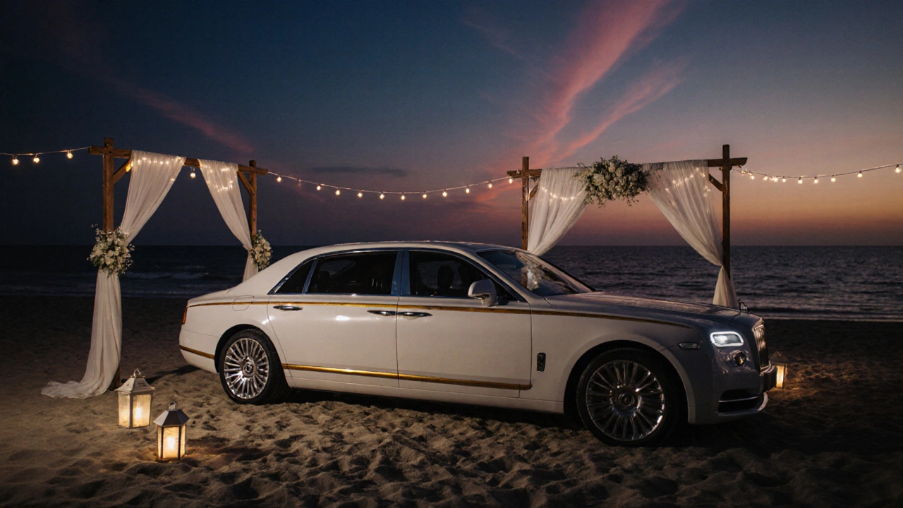 White car with gold stripe parked on beach at sunset, lit by lanterns.