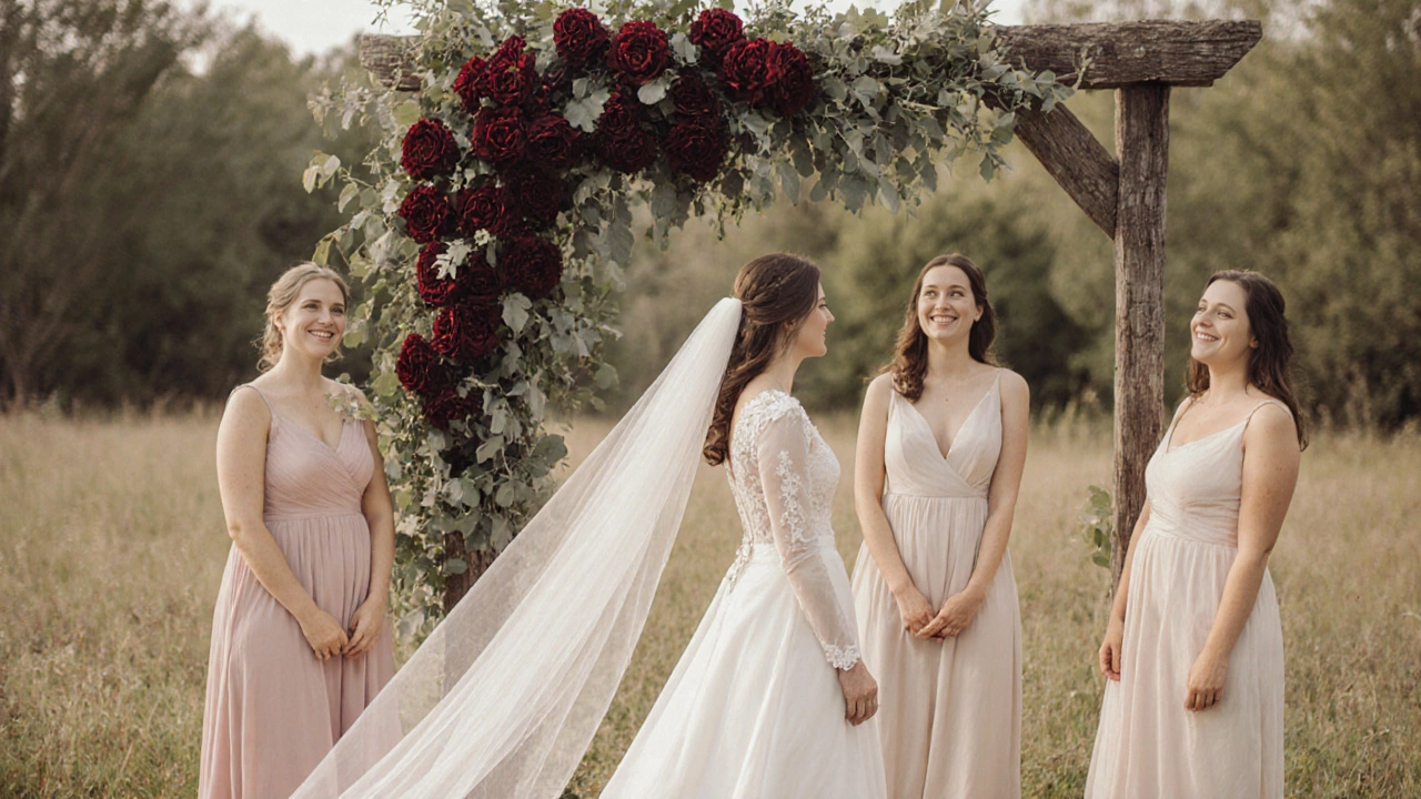 A bride in ivory dress beside a rustic arch with burgundy roses and sage greenery, guests in soft tones nearby.