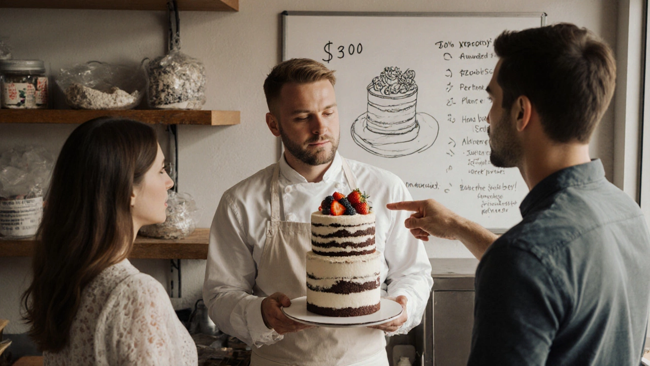 A cake maker and couple discussing a custom wedding cake design in a cozy bakery.