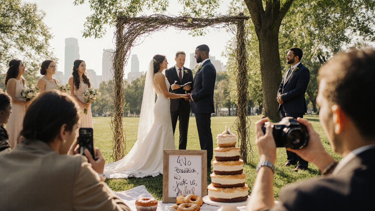 A casual park wedding with guests on blankets, a simple floral arch, and a dessert table of cupcakes and cake.