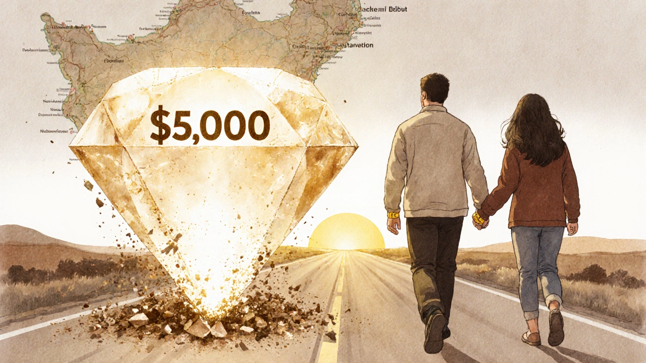 A couple walks away from a crumbling expensive diamond toward a sunrise, symbolizing financial freedom.