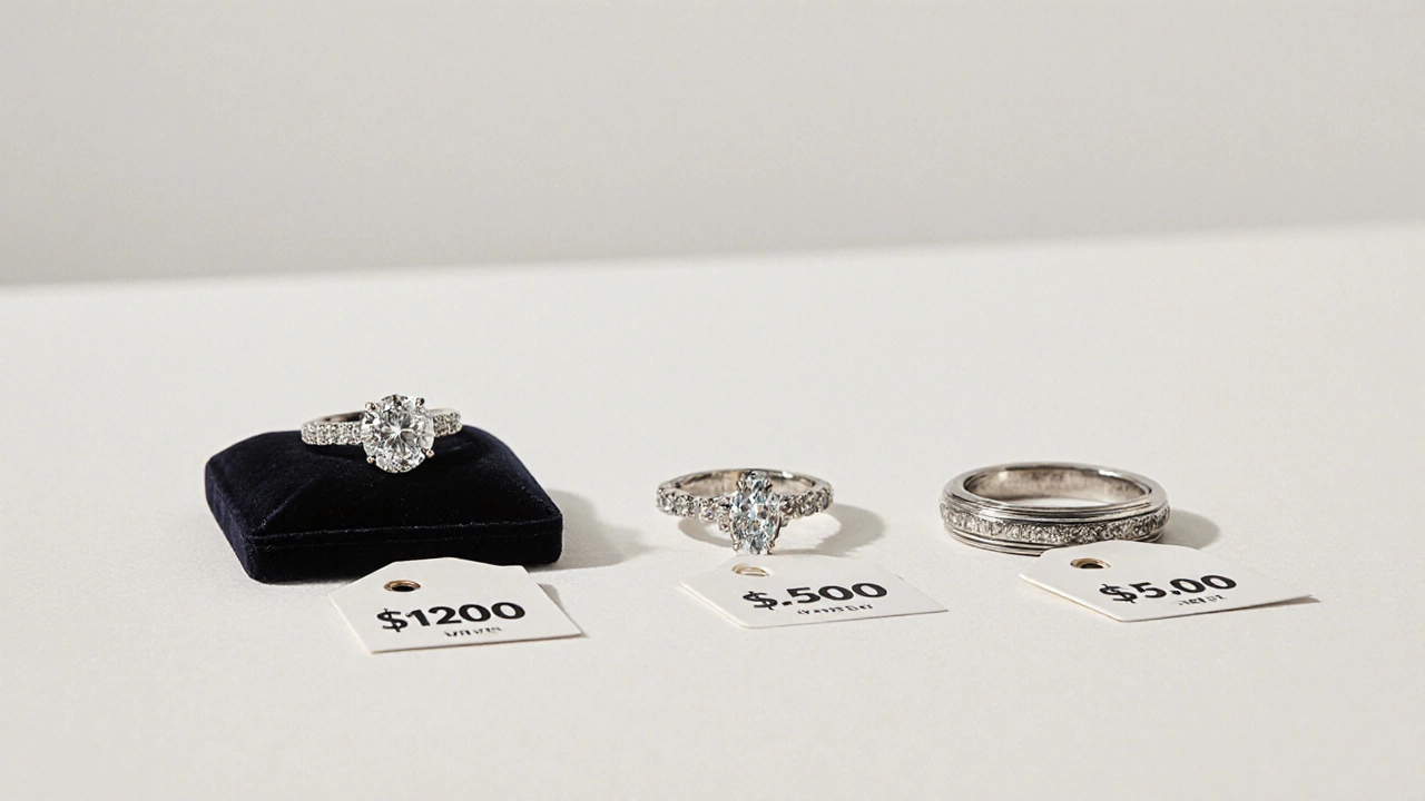 A lab-grown diamond ring beside a vintage band and a pricier diamond, comparing value and style.