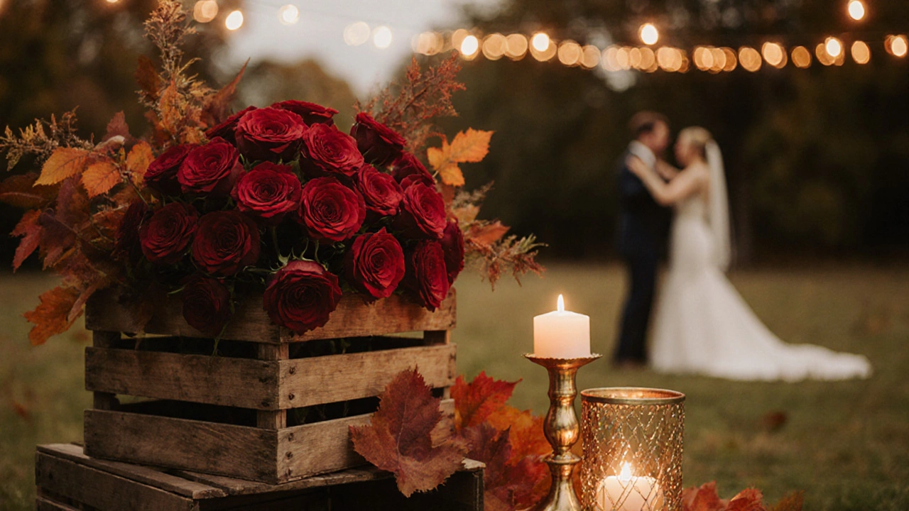 Autumn wedding decor featuring red roses, burnt orange leaves, and gold candles in wooden crates.